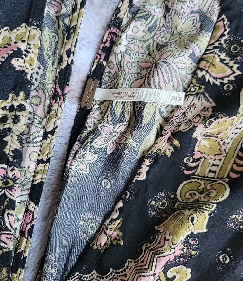 Free People Azril Black Paisley V-Neck Babydoll Dress with Gold & Pink Accents